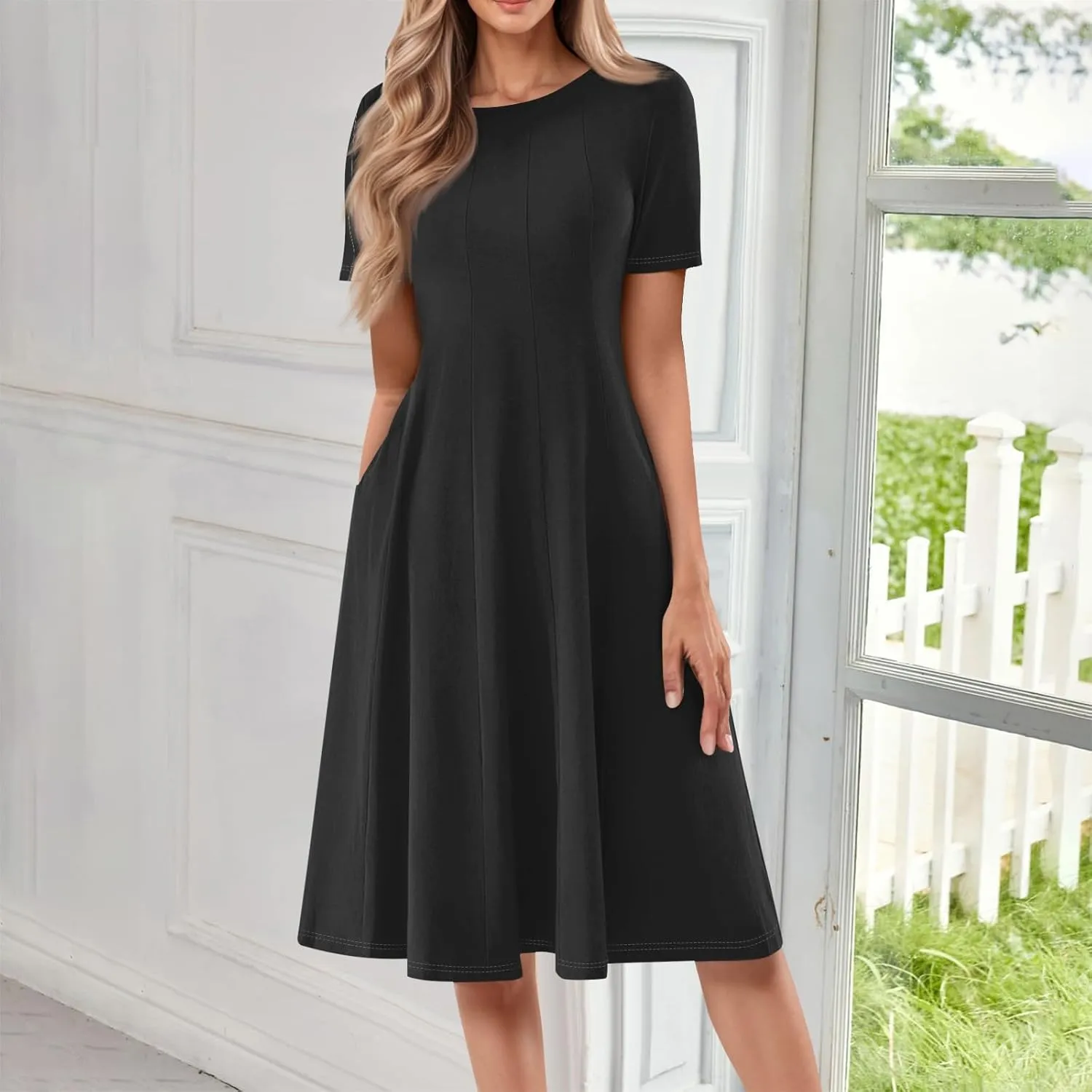 Women Summer Dress Short Sleeve Crewneck Pleated Swing Dresses Solid Color Beach Vacation Midi Sundress with Pocket