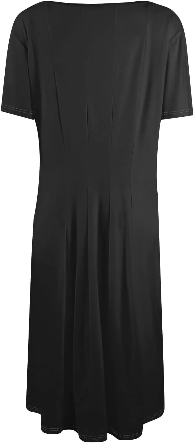 Women Summer Dress Short Sleeve Crewneck Pleated Swing Dresses Solid Color Beach Vacation Midi Sundress with Pocket