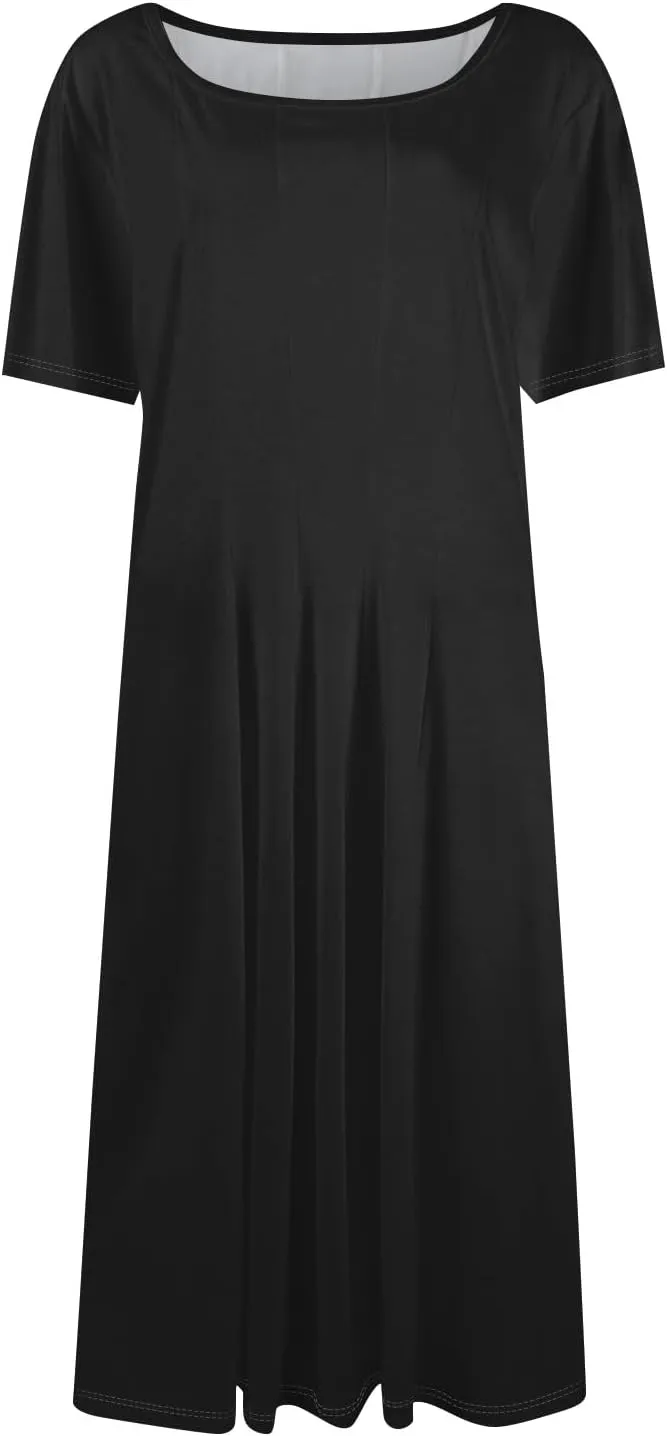 Women Summer Dress Short Sleeve Crewneck Pleated Swing Dresses Solid Color Beach Vacation Midi Sundress with Pocket