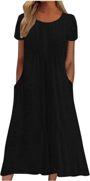 Women Summer Eyelet Dress Casual Petal Short Sleeve Crew Neck Maxi Dresses Loose Tunic Sun Dress with Pockets