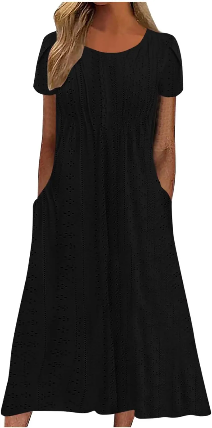 Women Summer Eyelet Dress Casual Petal Short Sleeve Crew Neck Maxi Dresses Loose Tunic Sun Dress with Pockets