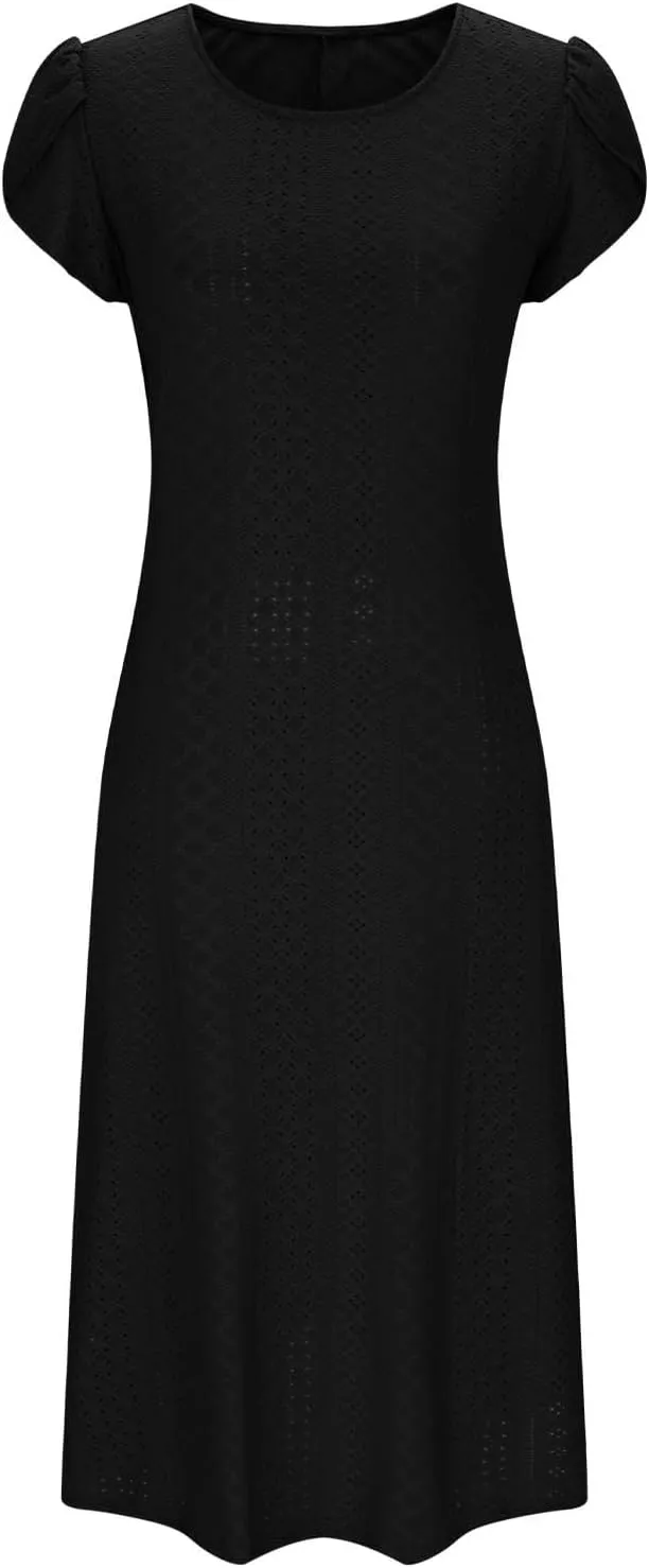 Women Summer Eyelet Dress Casual Petal Short Sleeve Crew Neck Maxi Dresses Loose Tunic Sun Dress with Pockets