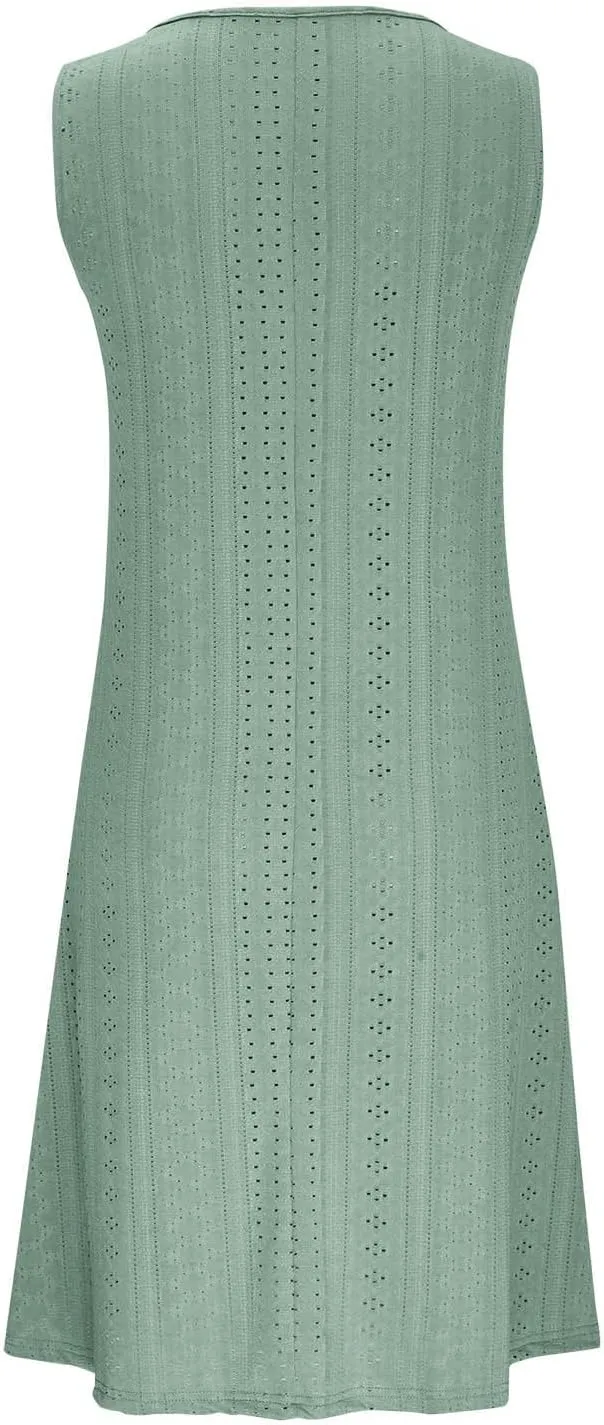 Women Sweetheart Embroidery Eyelet Tank Dress Solid Plunging Neckline Sleeveless Sundress Casual Vacation Beach Dress