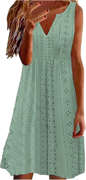 Women Sweetheart Embroidery Eyelet Tank Dress Solid Plunging Neckline Sleeveless Sundress Casual Vacation Beach Dress