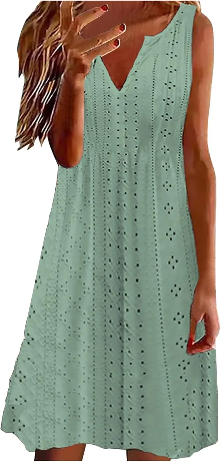 Women Sweetheart Embroidery Eyelet Tank Dress Solid Plunging Neckline Sleeveless Sundress Casual Vacation Beach Dress
