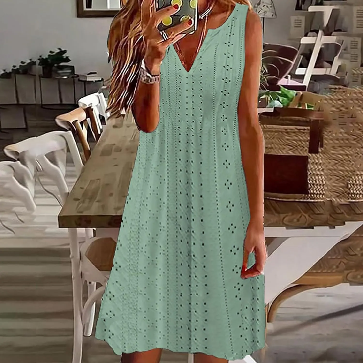 Women Sweetheart Embroidery Eyelet Tank Dress Solid Plunging Neckline Sleeveless Sundress Casual Vacation Beach Dress