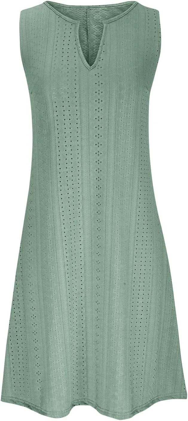 Women Sweetheart Embroidery Eyelet Tank Dress Solid Plunging Neckline Sleeveless Sundress Casual Vacation Beach Dress