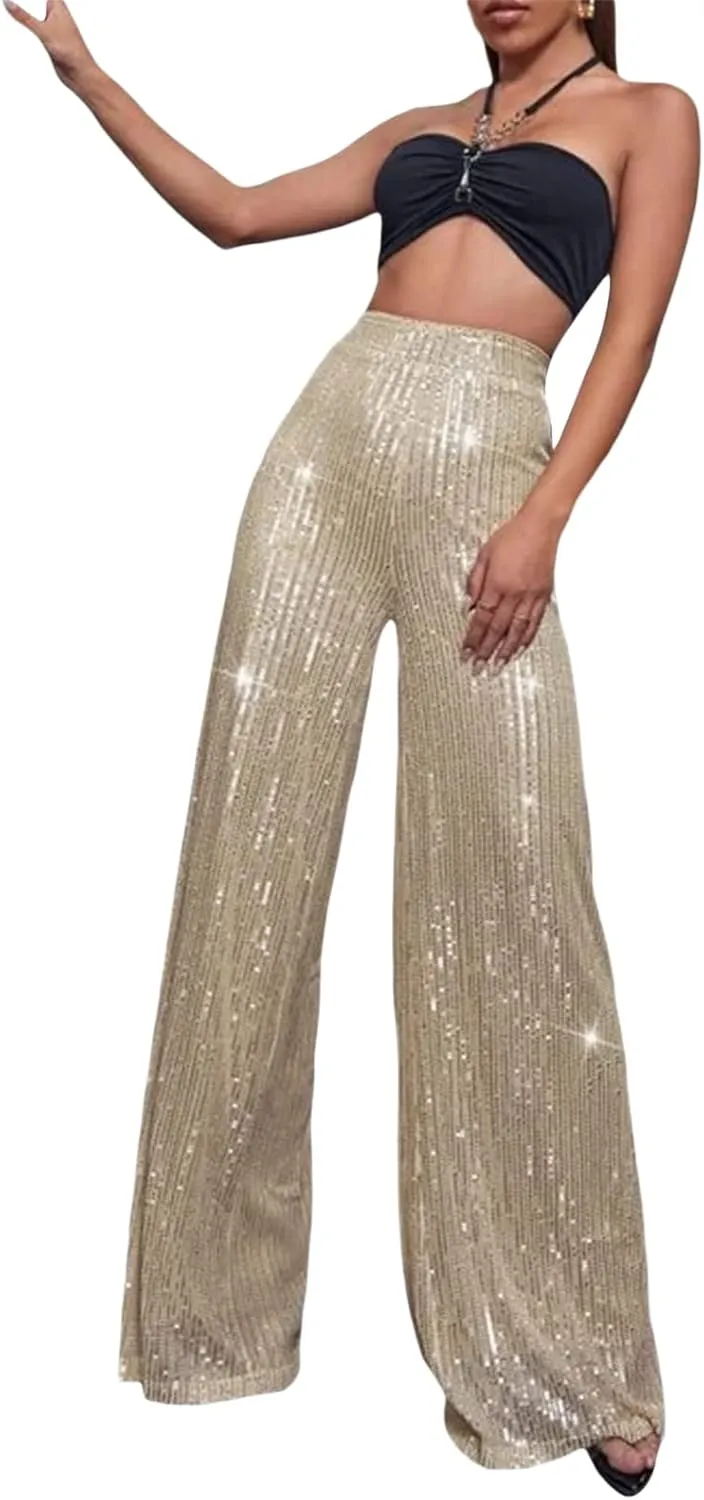 Women Wide Leg Sequin Pants High Waist Shiny Glitter Palazzo Trousers Sparkly Club Outfits