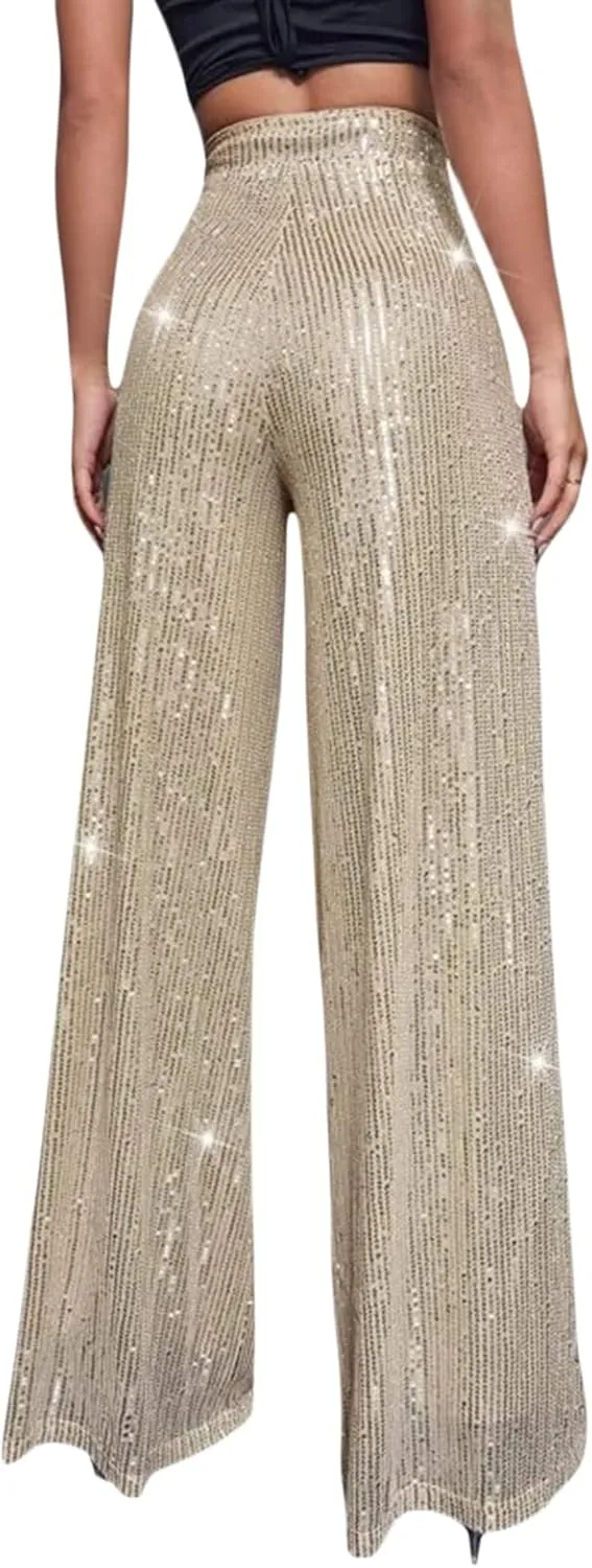 Women Wide Leg Sequin Pants High Waist Shiny Glitter Palazzo Trousers Sparkly Club Outfits