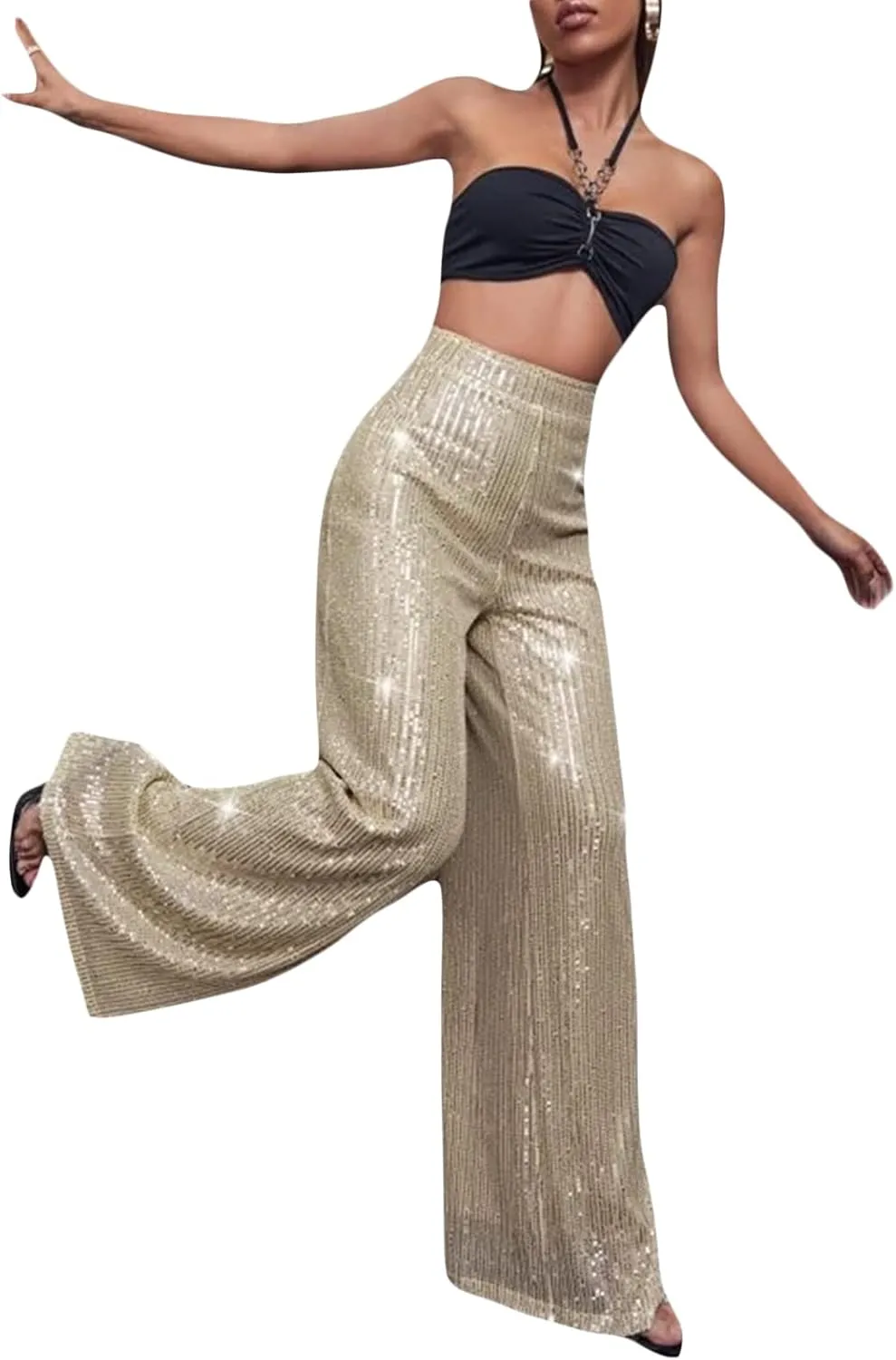 Women Wide Leg Sequin Pants High Waist Shiny Glitter Palazzo Trousers Sparkly Club Outfits