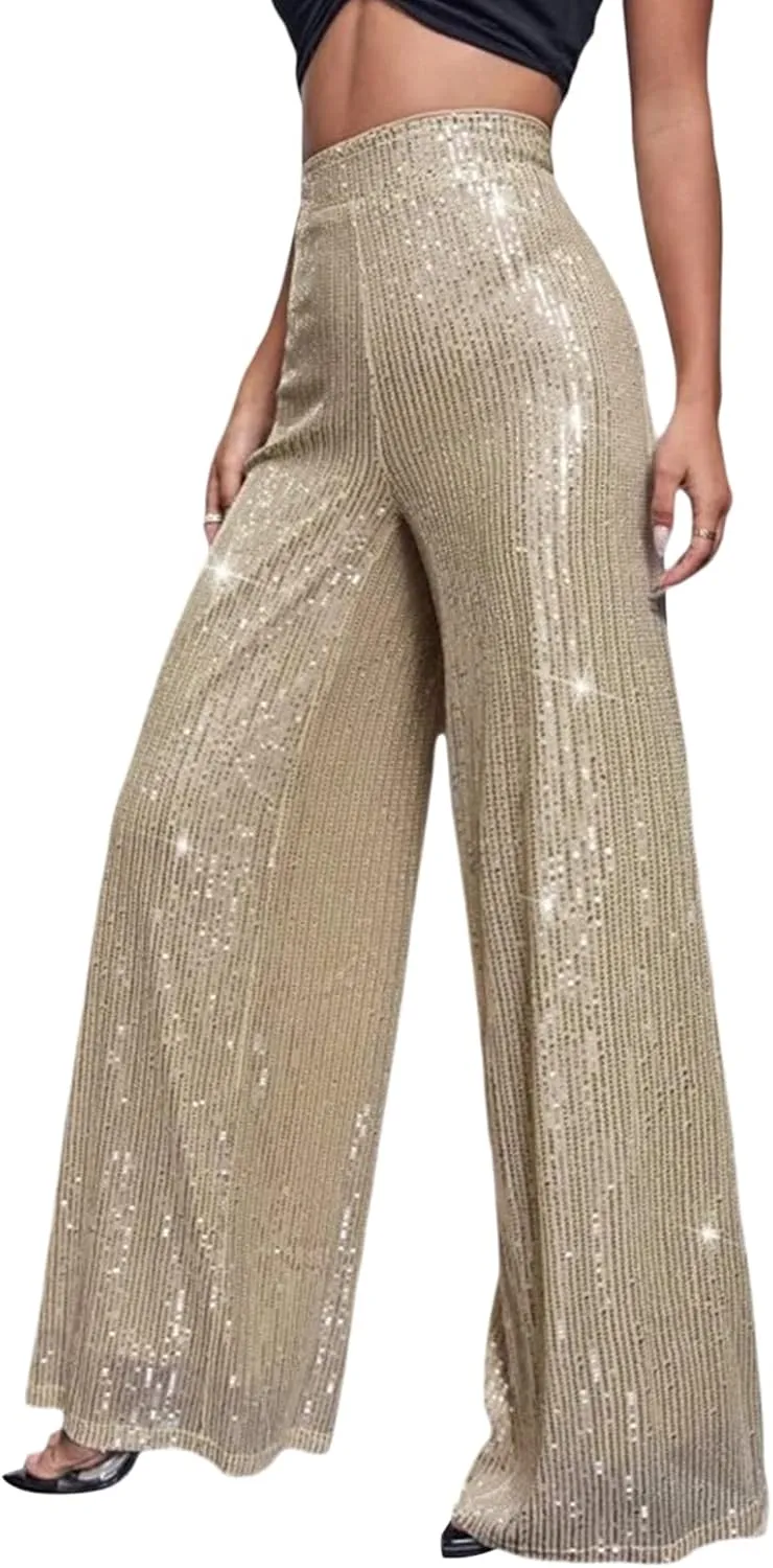 Women Wide Leg Sequin Pants High Waist Shiny Glitter Palazzo Trousers Sparkly Club Outfits