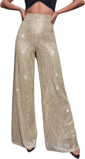 Women Wide Leg Sequin Pants High Waist Shiny Glitter Palazzo Trousers Sparkly Club Outfits