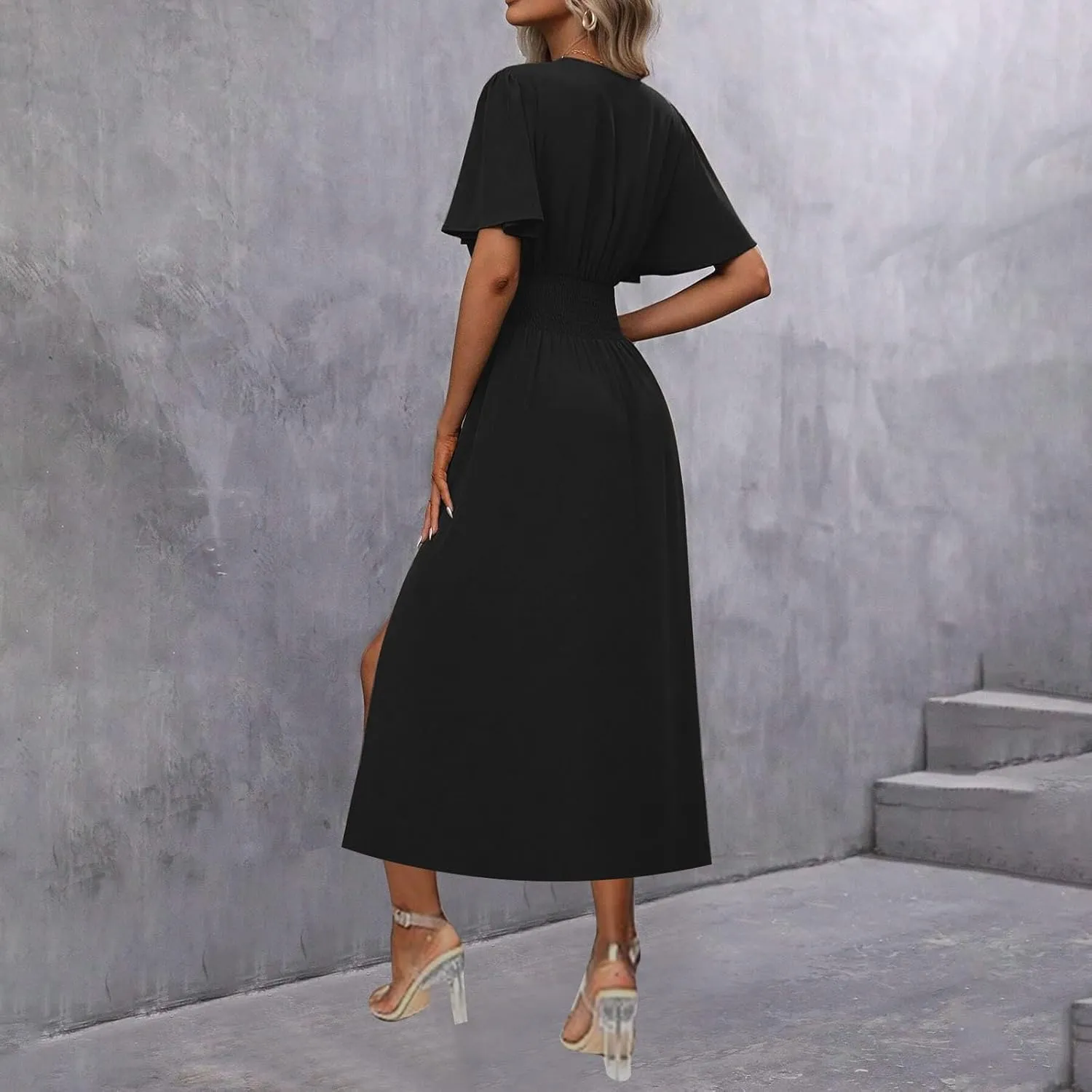 Women Wrap V Neck Ruffle Short Sleeve Midi Dress Smocked Empire Waist Summer Casual Elegant Split A-Line Beach Dresses