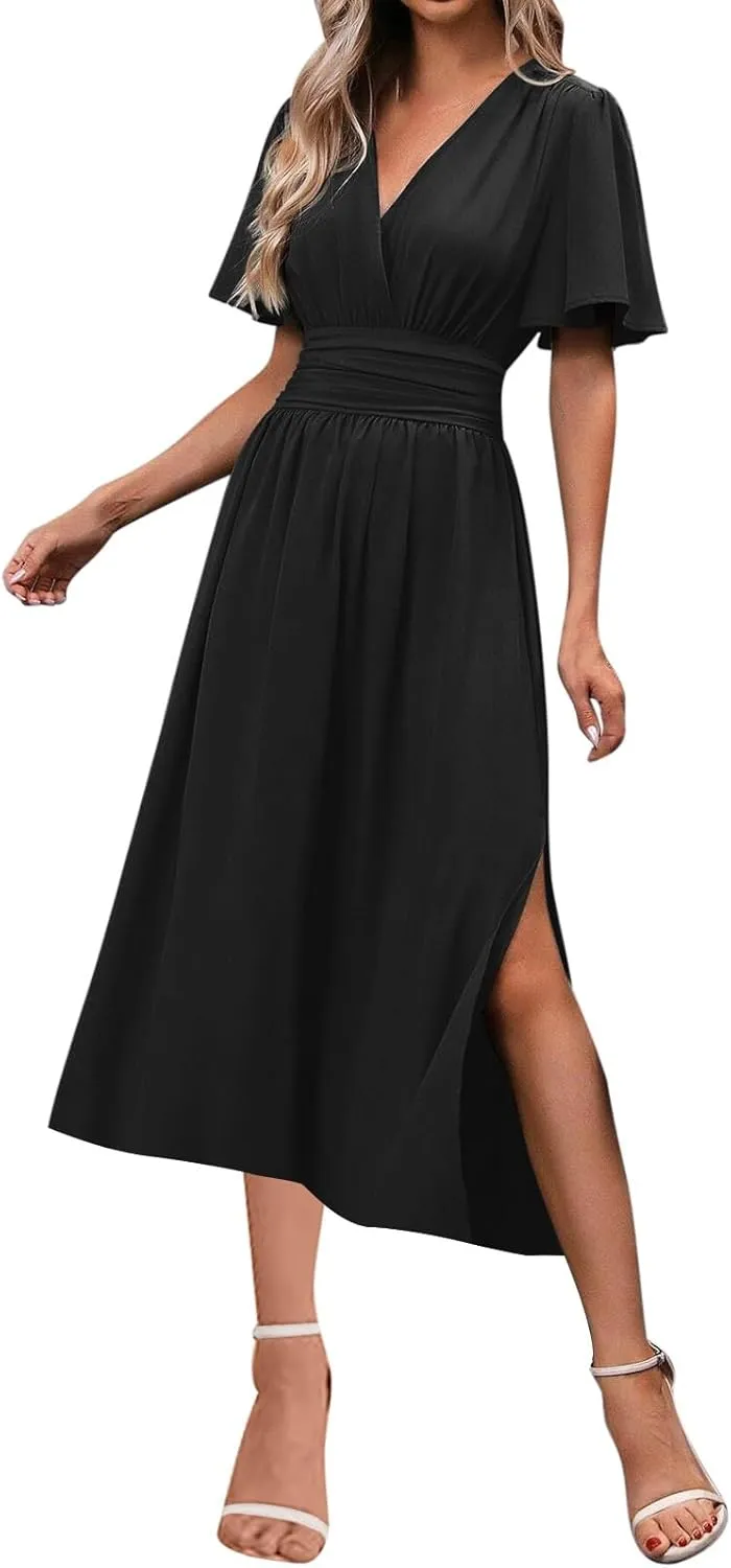 Women Wrap V Neck Ruffle Short Sleeve Midi Dress Smocked Empire Waist Summer Casual Elegant Split A-Line Beach Dresses