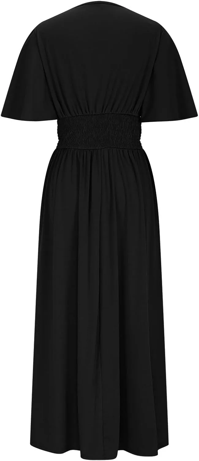 Women Wrap V Neck Ruffle Short Sleeve Midi Dress Smocked Empire Waist Summer Casual Elegant Split A-Line Beach Dresses