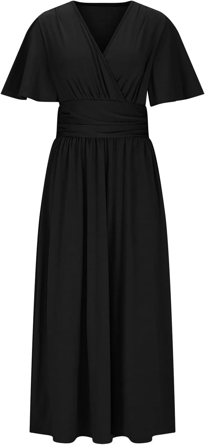 Women Wrap V Neck Ruffle Short Sleeve Midi Dress Smocked Empire Waist Summer Casual Elegant Split A-Line Beach Dresses