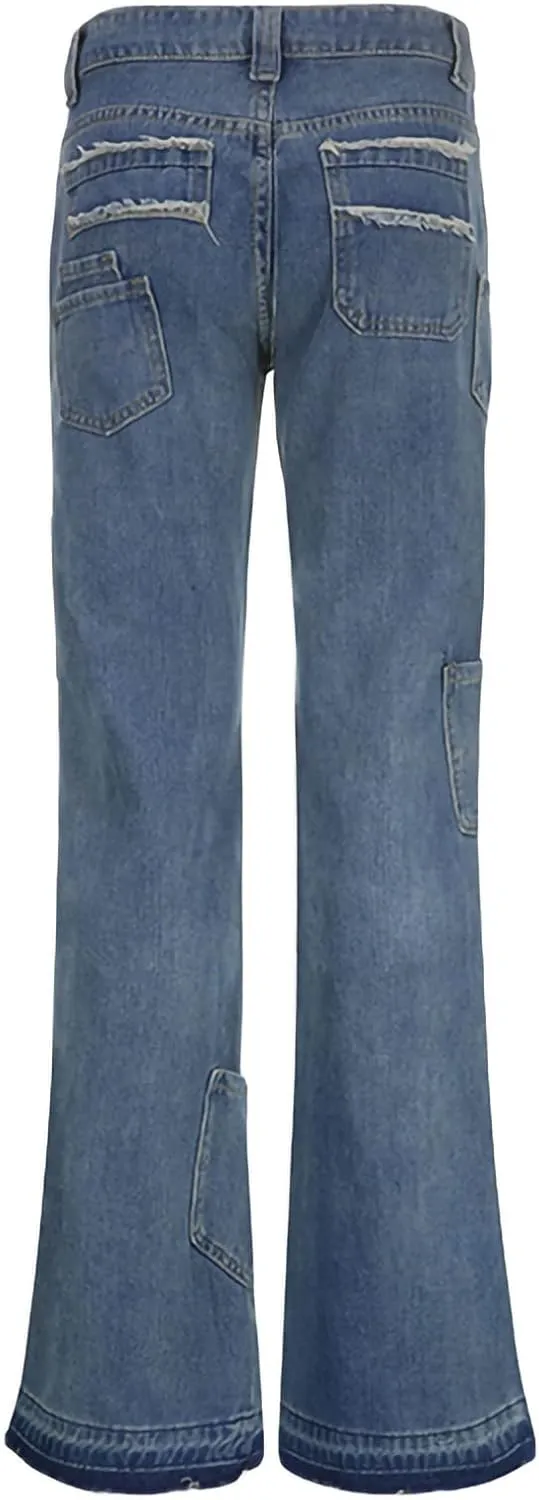 Women Y2K Baggy Jeans Star Print High Waist Wide Leg Denim Pants Vintage 90s Straight Leg Distressed Grunge Trousers