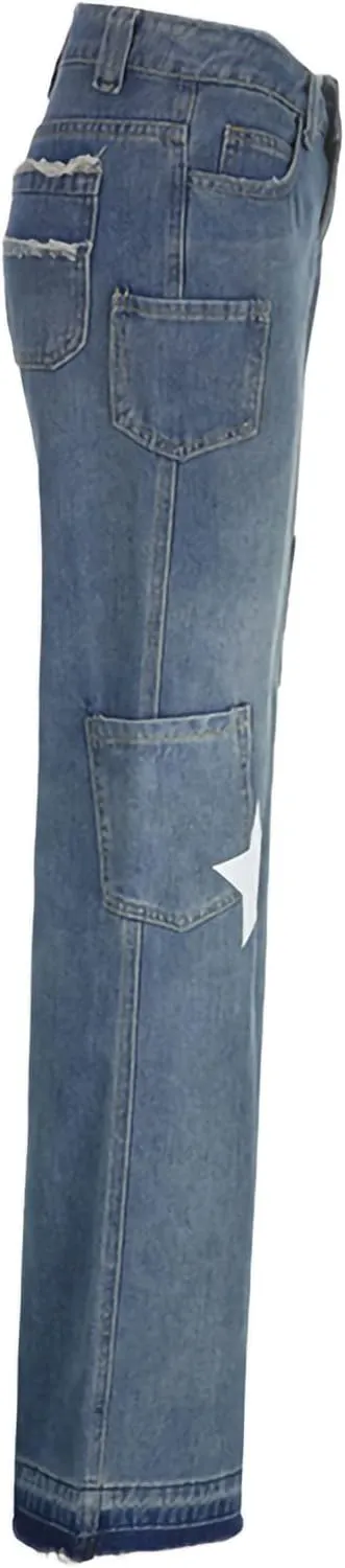 Women Y2K Baggy Jeans Star Print High Waist Wide Leg Denim Pants Vintage 90s Straight Leg Distressed Grunge Trousers