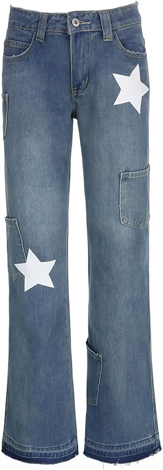 Women Y2K Baggy Jeans Star Print High Waist Wide Leg Denim Pants Vintage 90s Straight Leg Distressed Grunge Trousers