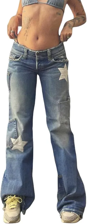 Women Y2K Baggy Jeans Star Print High Waist Wide Leg Denim Pants Vintage 90s Straight Leg Distressed Grunge Trousers