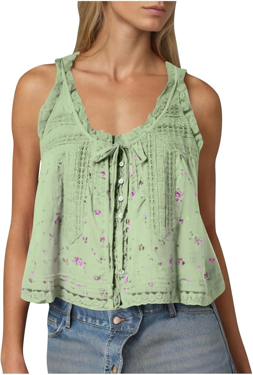 Women Y2K Cute Lace Trim Floral Tank Top Sleeveless Button Down Crop Shirt Camisole Summer Scoop Neck Tie Going Out Tops