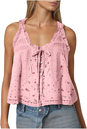 Women Y2K Cute Lace Trim Floral Tank Top Sleeveless Button Down Crop Shirt Camisole Summer Scoop Neck Tie Going Out Tops