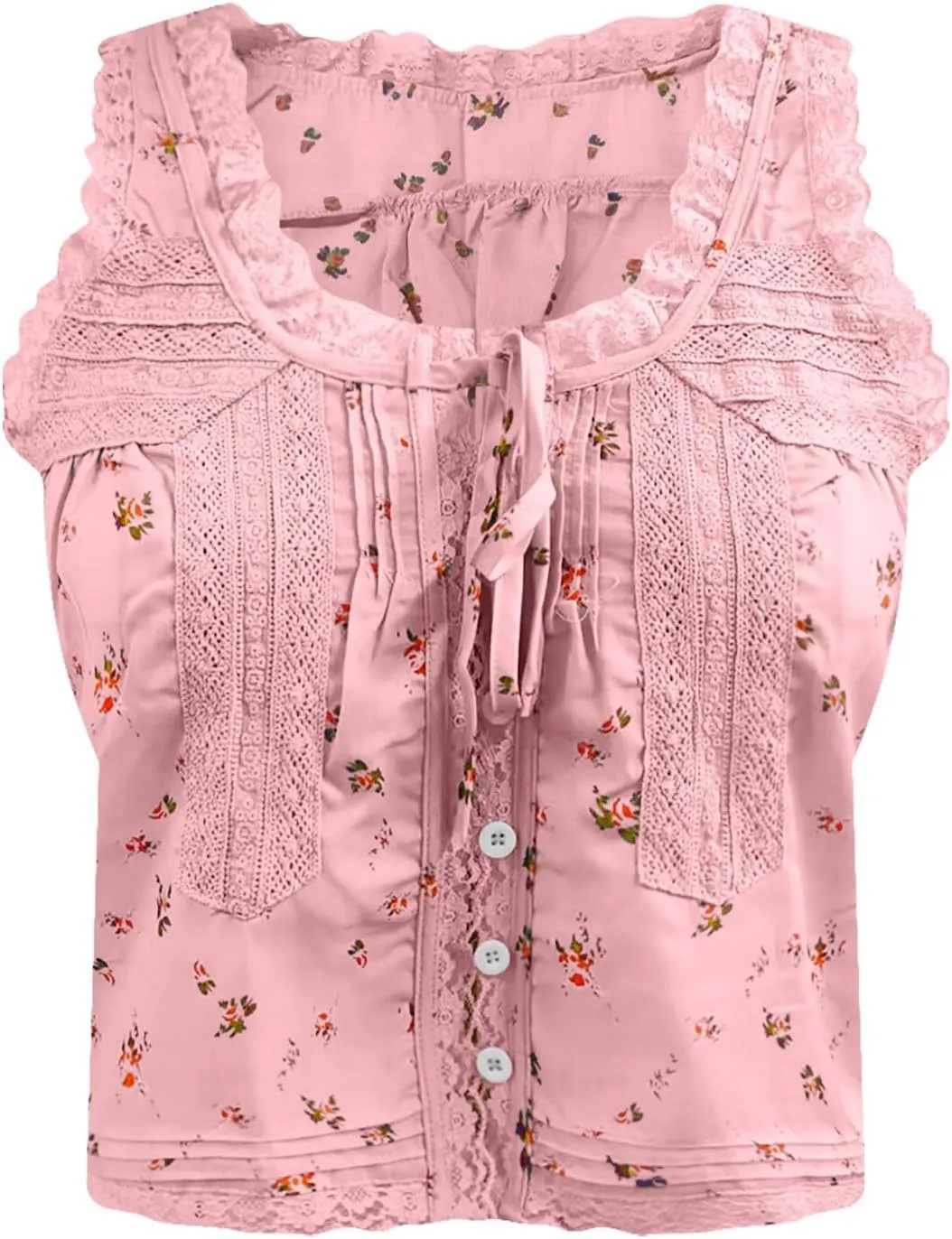 Women Y2K Cute Lace Trim Floral Tank Top Sleeveless Button Down Crop Shirt Camisole Summer Scoop Neck Tie Going Out Tops