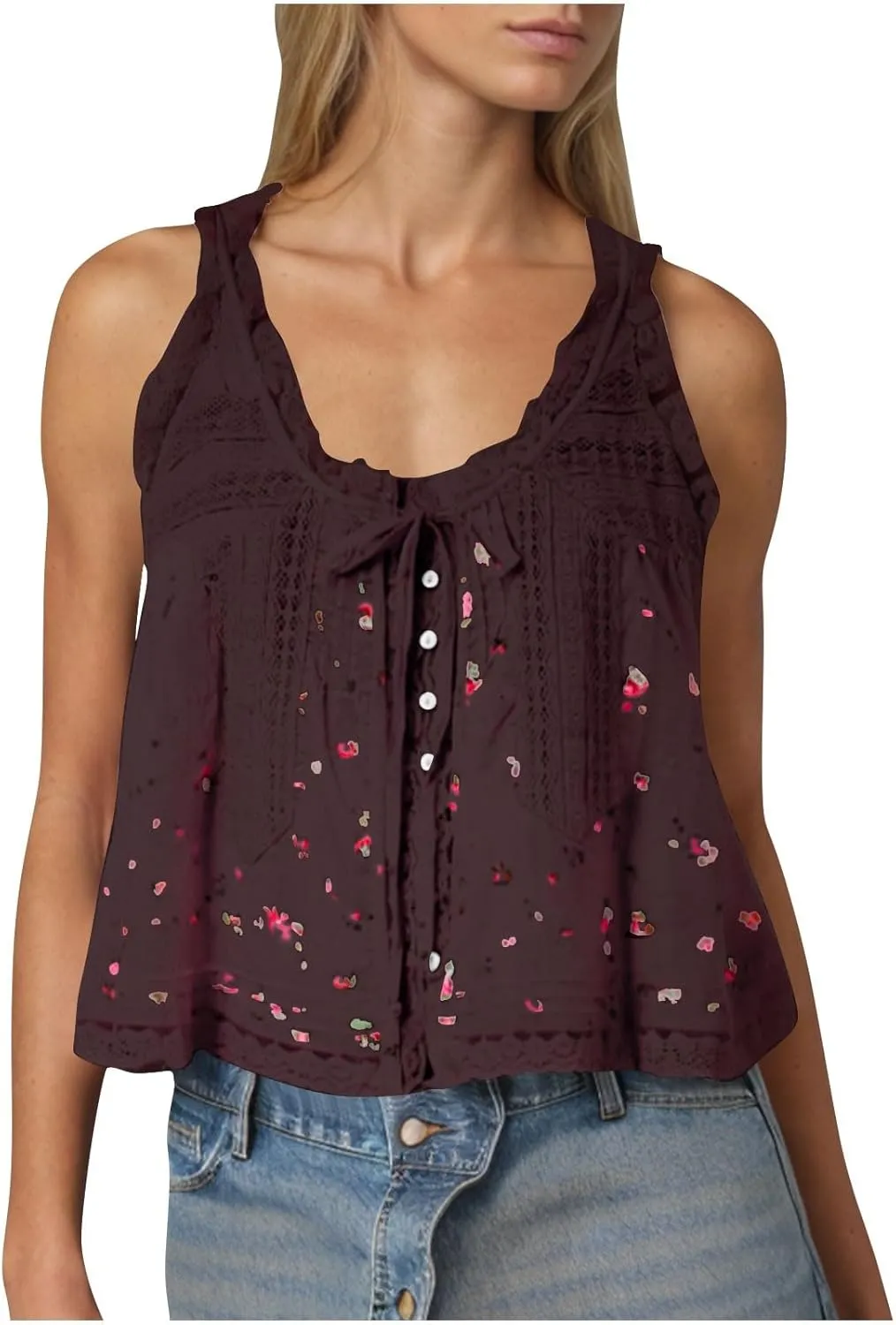 Women Y2K Cute Lace Trim Floral Tank Top Sleeveless Button Down Crop Shirt Camisole Summer Scoop Neck Tie Going Out Tops