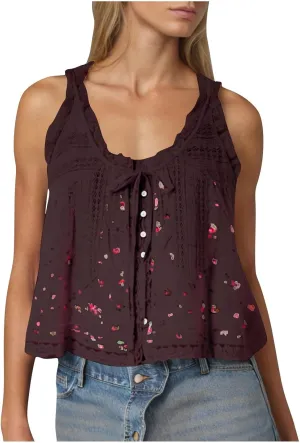 Women Y2K Cute Lace Trim Floral Tank Top Sleeveless Button Down Crop Shirt Camisole Summer Scoop Neck Tie Going Out Tops