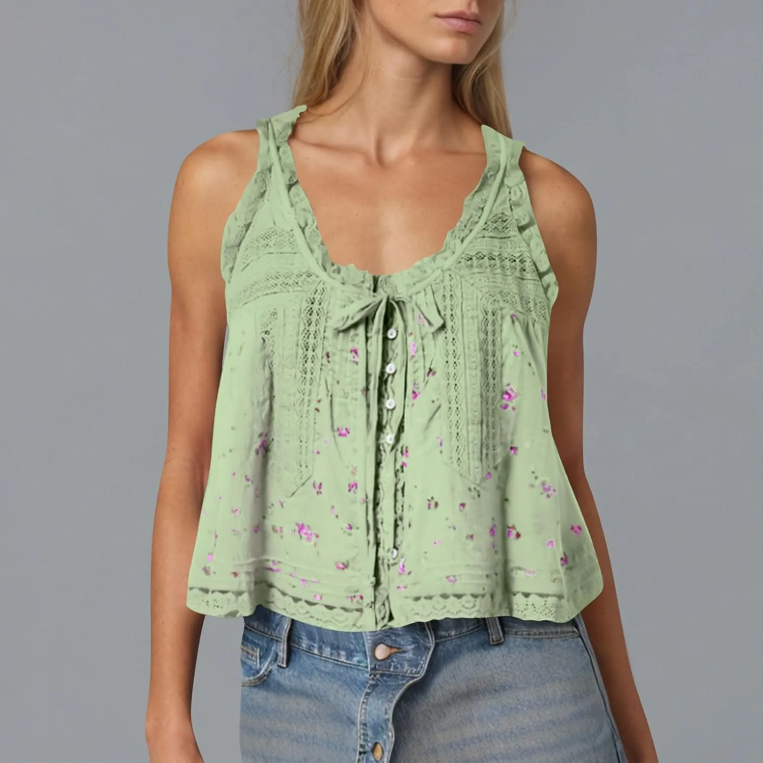 Women Y2K Cute Lace Trim Floral Tank Top Sleeveless Button Down Crop Shirt Camisole Summer Scoop Neck Tie Going Out Tops