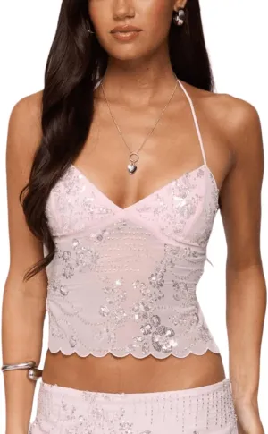 Women Y2K Sequin Cami Top Sexy V Neck Floral Rhinestone Tank Crop Top Cute Sparkle Backless Summer Camisole Top