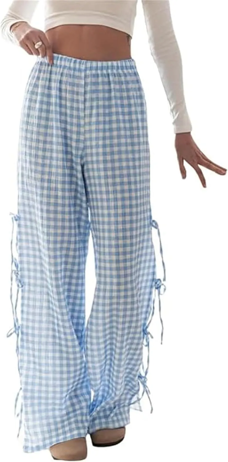 Women Y2k Striped Long Pants Bow Tie Side Slit Wide Leg Lounge Pants Gingham Bottom Plaid Checkered Sweatpants