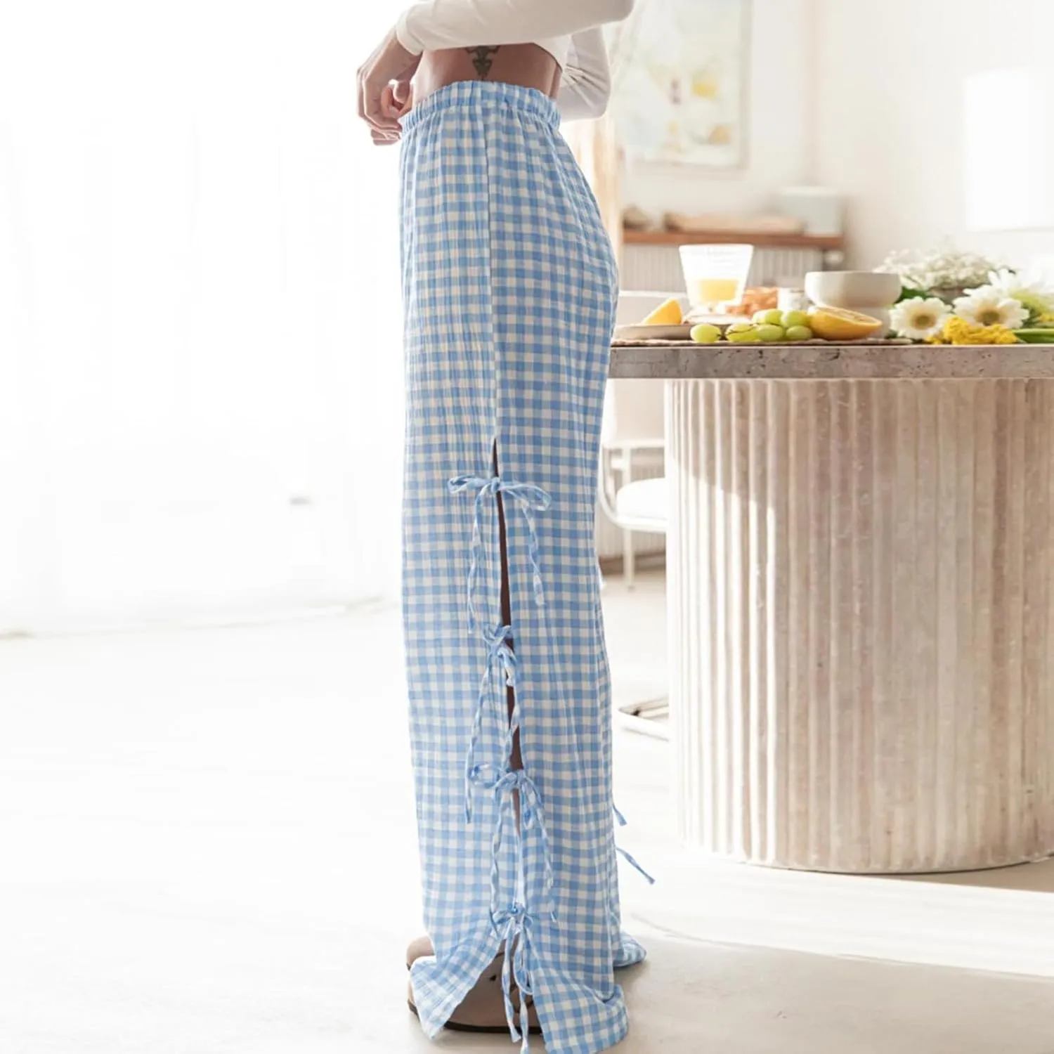 Women Y2k Striped Long Pants Bow Tie Side Slit Wide Leg Lounge Pants Gingham Bottom Plaid Checkered Sweatpants