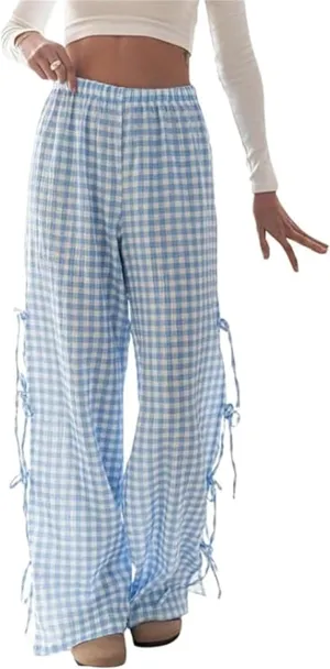 Women Y2k Striped Long Pants Bow Tie Side Slit Wide Leg Lounge Pants Gingham Bottom Plaid Checkered Sweatpants