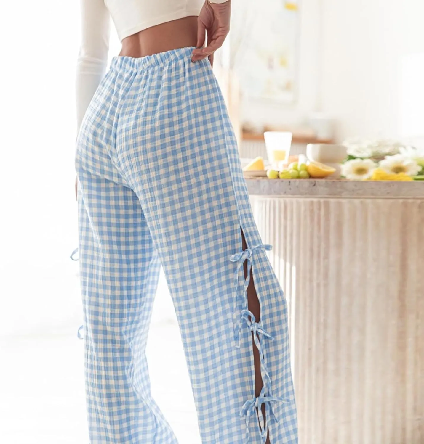Women Y2k Striped Long Pants Bow Tie Side Slit Wide Leg Lounge Pants Gingham Bottom Plaid Checkered Sweatpants