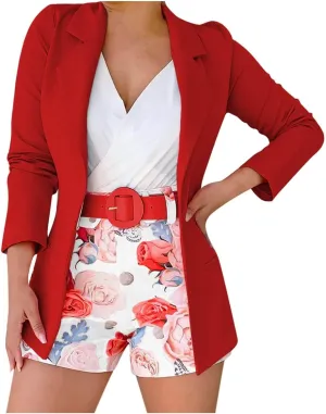 Women's 2 Piece Outfit Long Sleeve Open Front Blazer Jacket with Floral Print Belted Shorts Set Casual Office Suit Set