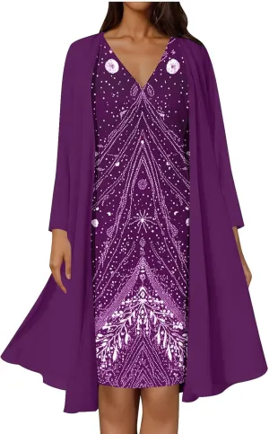 Womens 2 Piece Sets Mother of The Bride Dresses Wedding Guest Long Sleeve Chiffon Formal Evening Dress with Cardigan