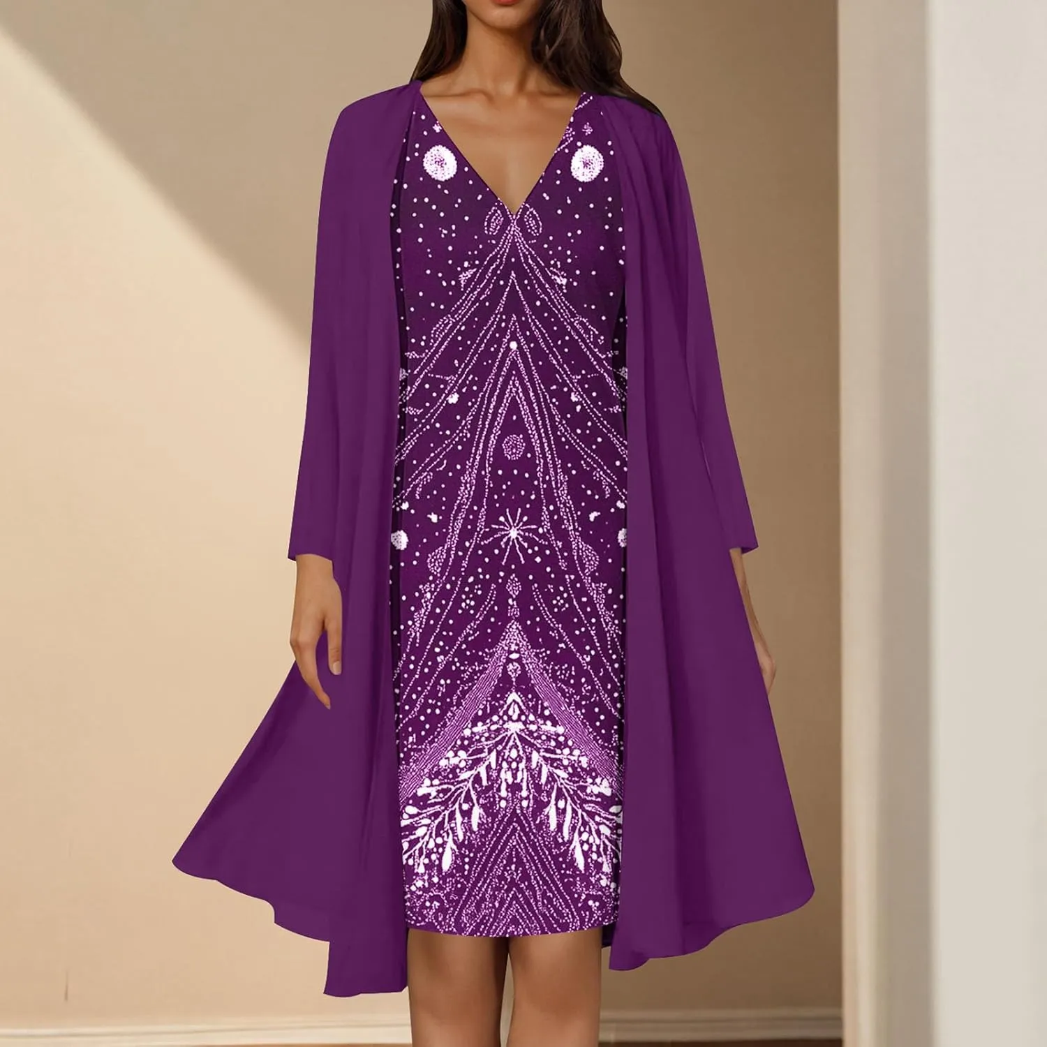 Womens 2 Piece Sets Mother of The Bride Dresses Wedding Guest Long Sleeve Chiffon Formal Evening Dress with Cardigan