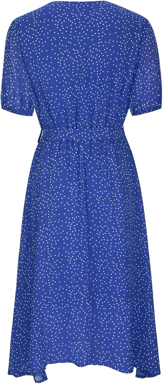 Women's 2024 Summer Casual Boho Sundress Polka Dot Short Sleeve V Neck Flowy Midi Dresses Chiffon Beach Dress