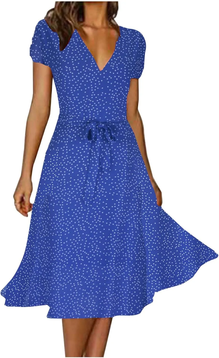 Women's 2024 Summer Casual Boho Sundress Polka Dot Short Sleeve V Neck Flowy Midi Dresses Chiffon Beach Dress
