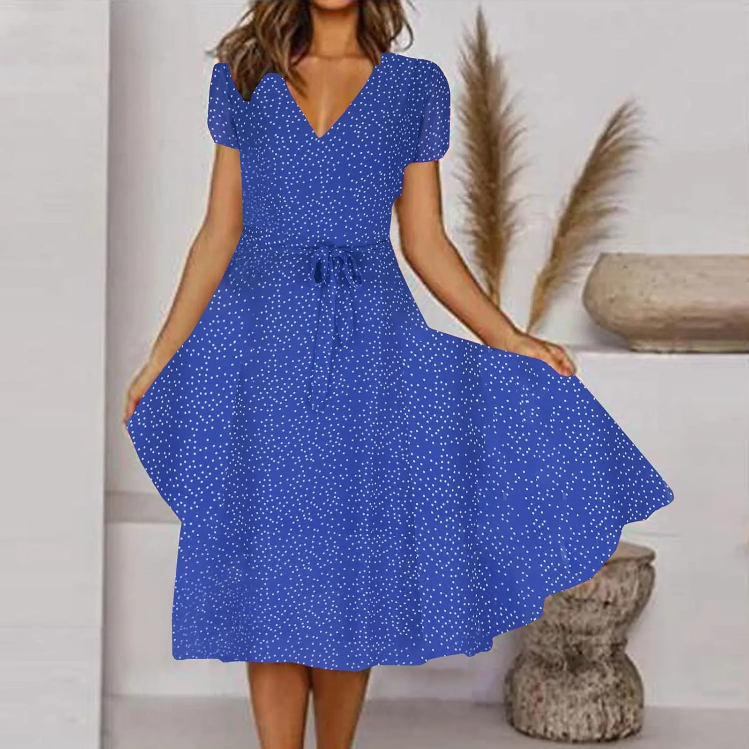 Women's 2024 Summer Casual Boho Sundress Polka Dot Short Sleeve V Neck Flowy Midi Dresses Chiffon Beach Dress