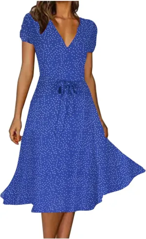 Women's 2024 Summer Casual Boho Sundress Polka Dot Short Sleeve V Neck Flowy Midi Dresses Chiffon Beach Dress