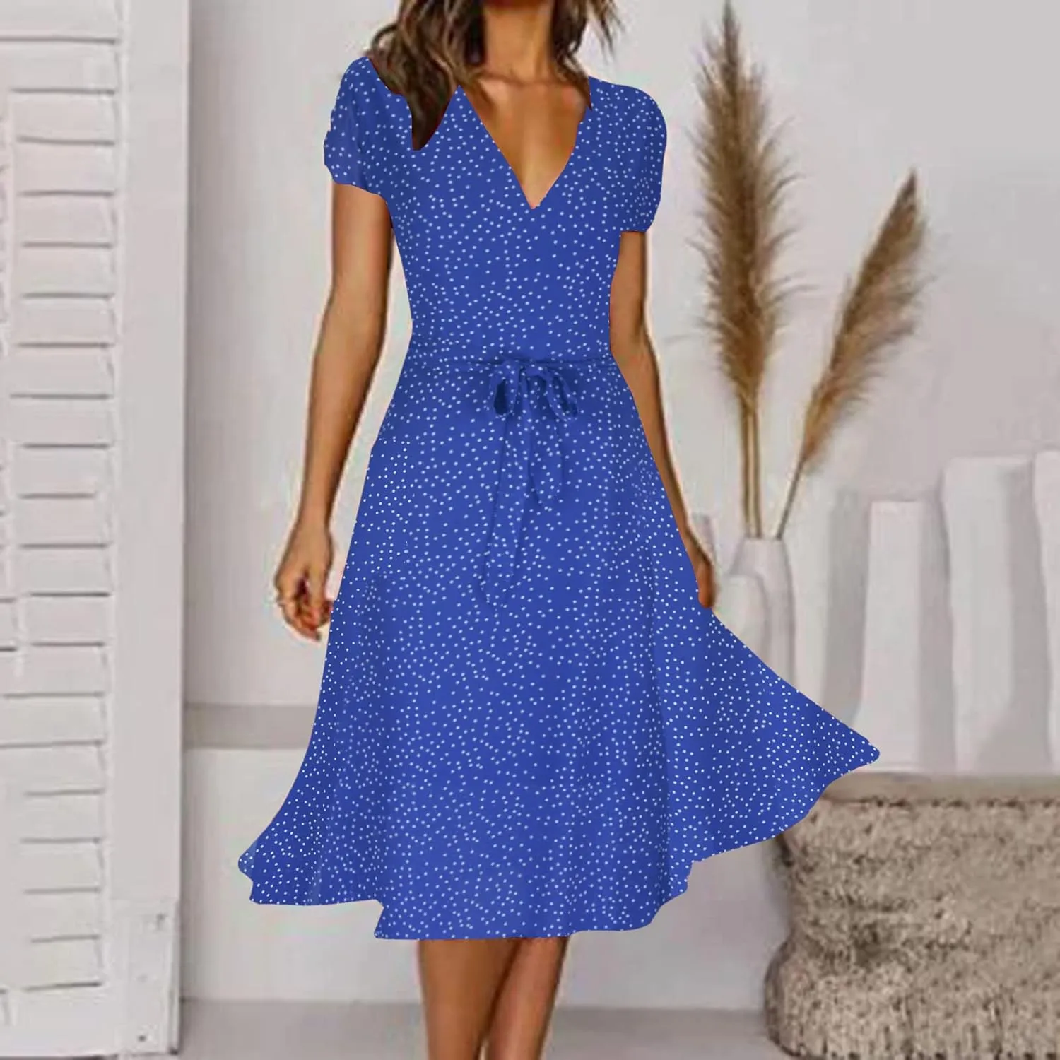 Women's 2024 Summer Casual Boho Sundress Polka Dot Short Sleeve V Neck Flowy Midi Dresses Chiffon Beach Dress