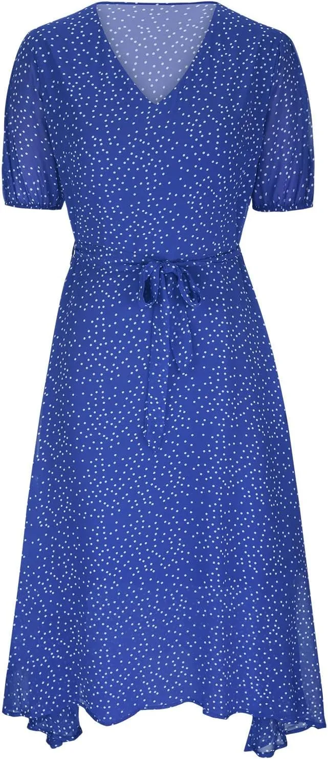 Women's 2024 Summer Casual Boho Sundress Polka Dot Short Sleeve V Neck Flowy Midi Dresses Chiffon Beach Dress