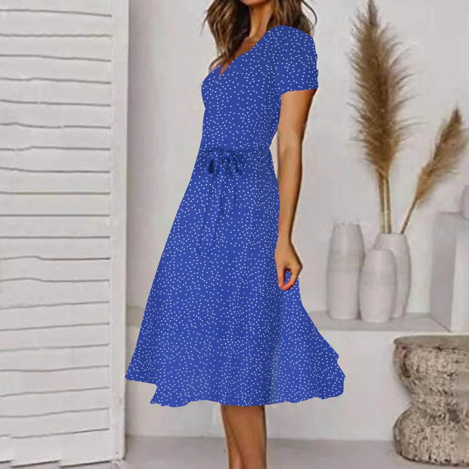 Women's 2024 Summer Casual Boho Sundress Polka Dot Short Sleeve V Neck Flowy Midi Dresses Chiffon Beach Dress