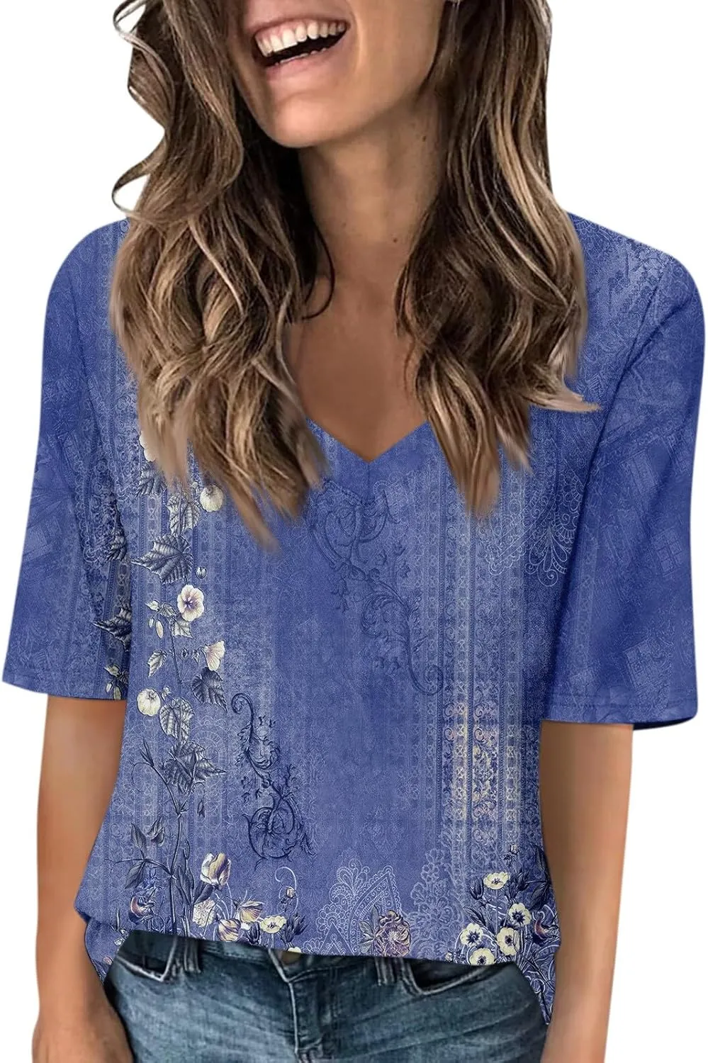 Womens 2024 Summer Half Sleeve Tops Casual V Neck Summer Shirts Loose Fit Elbow Length Sleeve Blouses