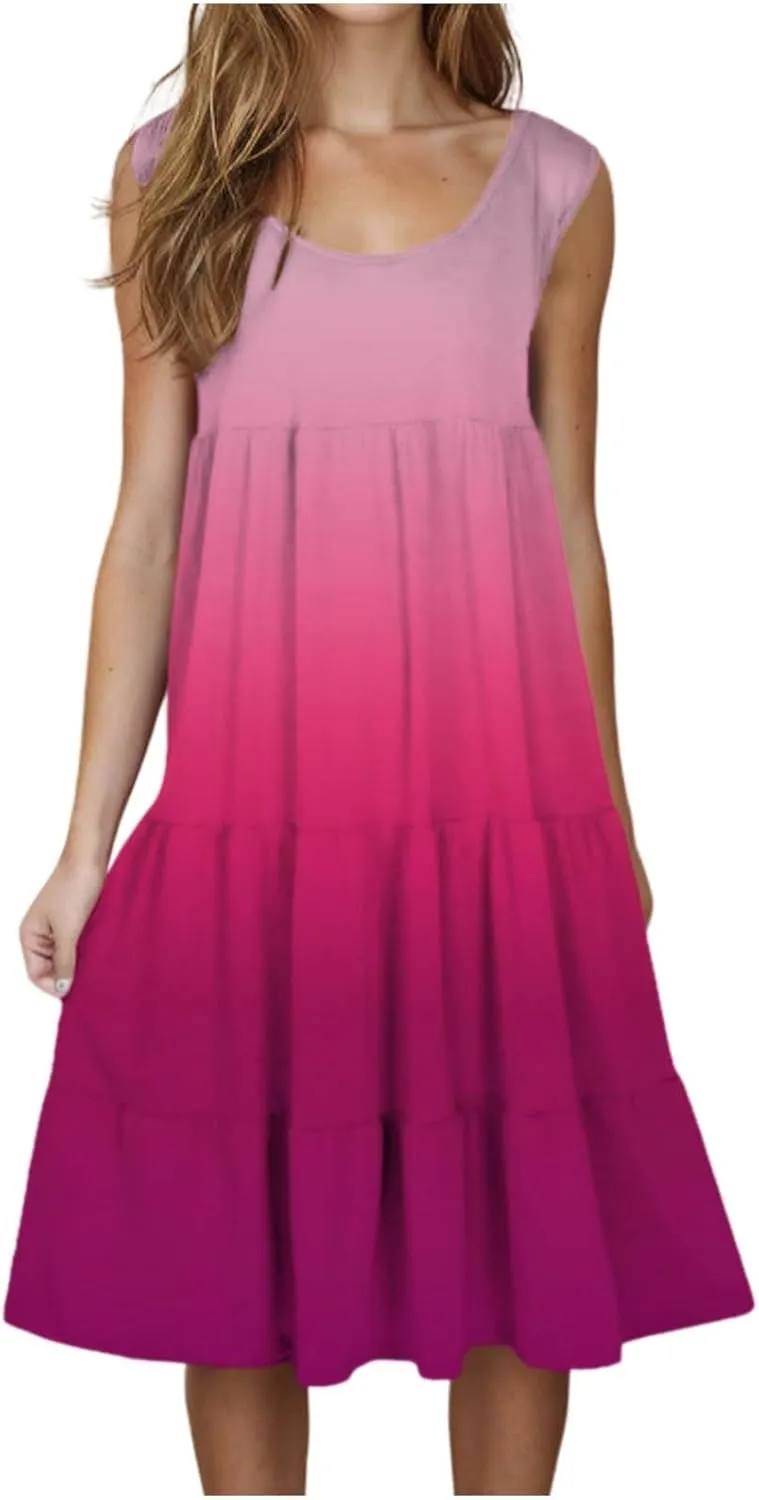 Womens 2025 Summer Casual Boho Dresses Sleeveless Color Block Ruffle Tiered Sundresses Cute Crew Neck Mini Dress