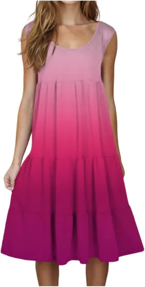 Womens 2025 Summer Casual Boho Dresses Sleeveless Color Block Ruffle Tiered Sundresses Cute Crew Neck Mini Dress