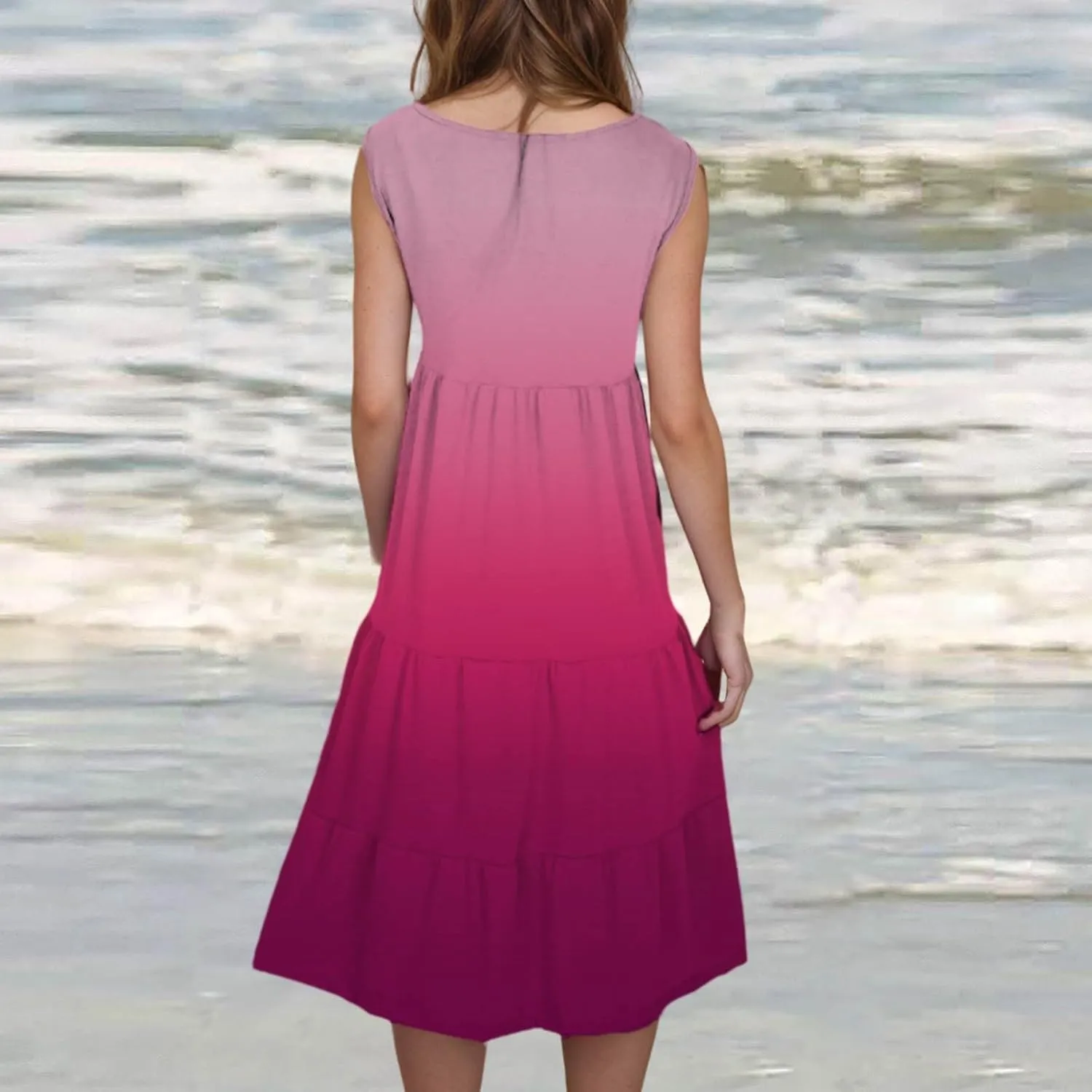 Womens 2025 Summer Casual Boho Dresses Sleeveless Color Block Ruffle Tiered Sundresses Cute Crew Neck Mini Dress