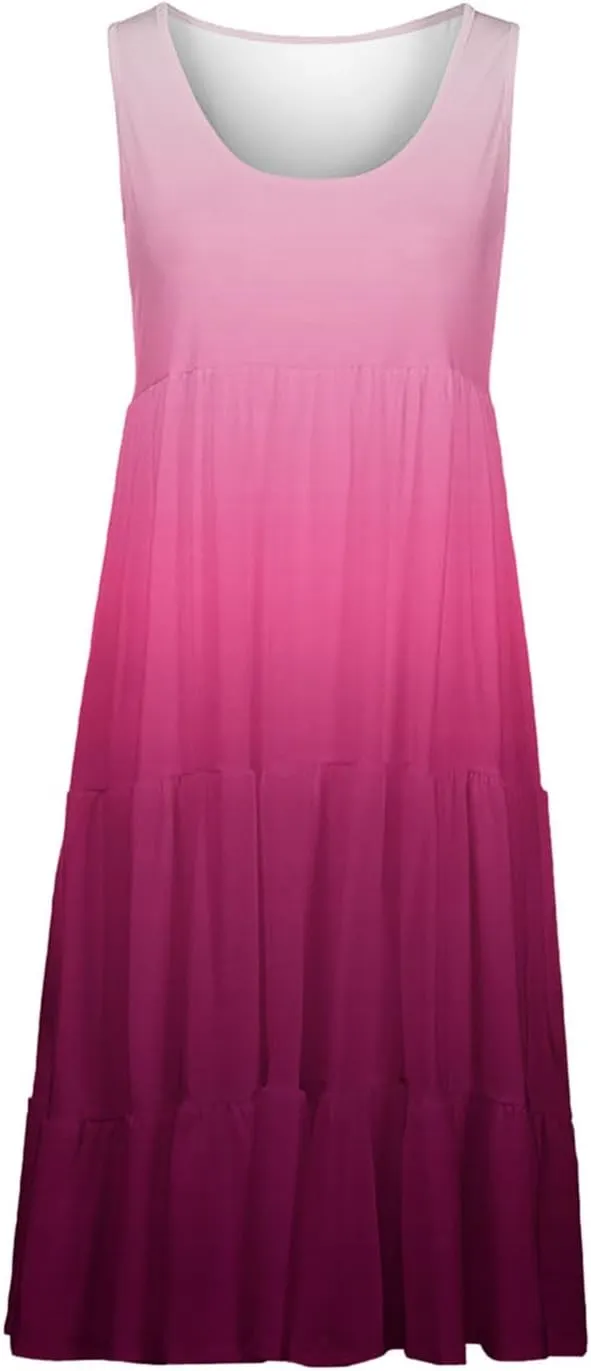 Womens 2025 Summer Casual Boho Dresses Sleeveless Color Block Ruffle Tiered Sundresses Cute Crew Neck Mini Dress